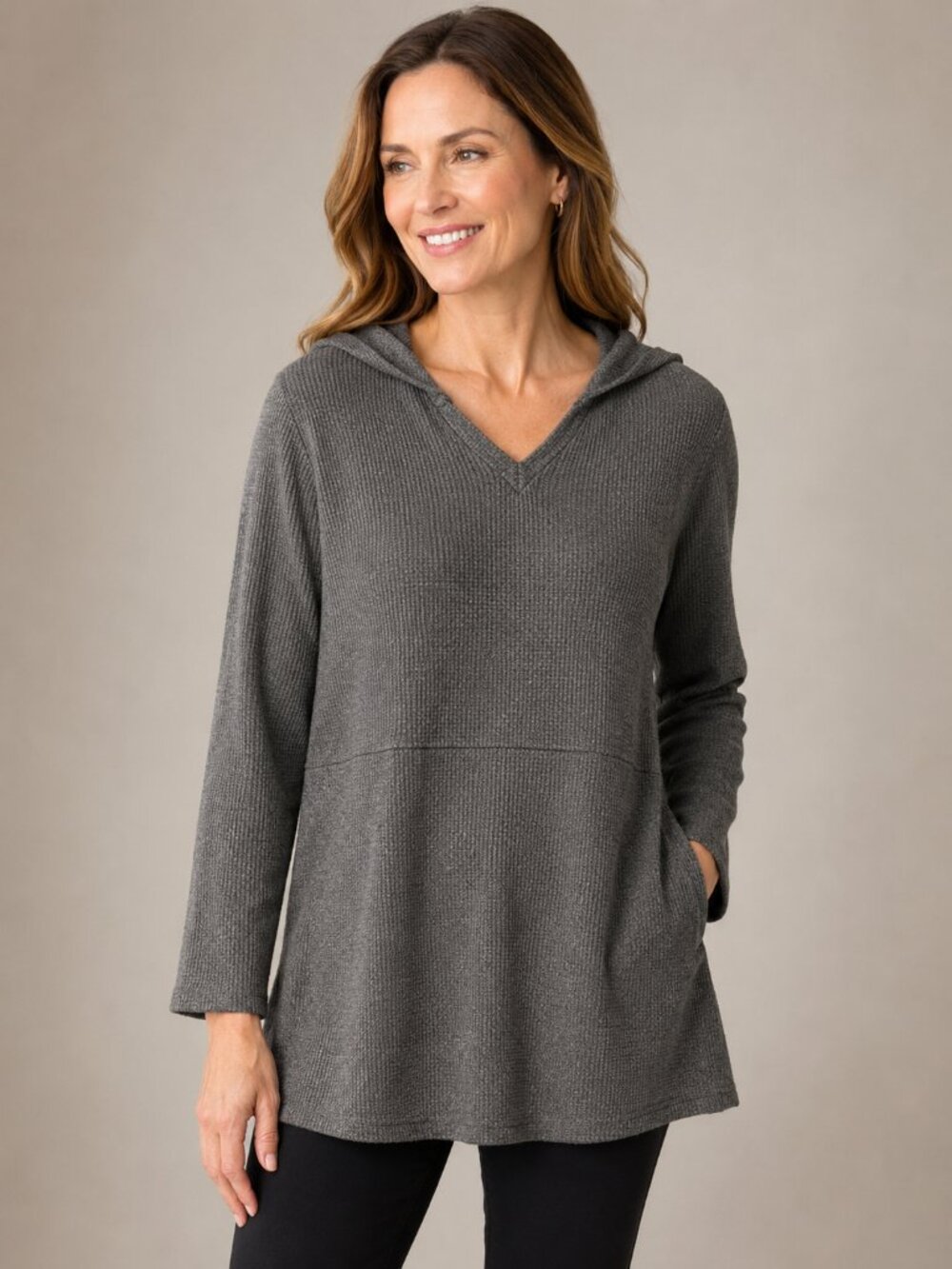 J. Jill Gray Hooded Tunic Top Long Sleeve Casual Pullover Size Medium